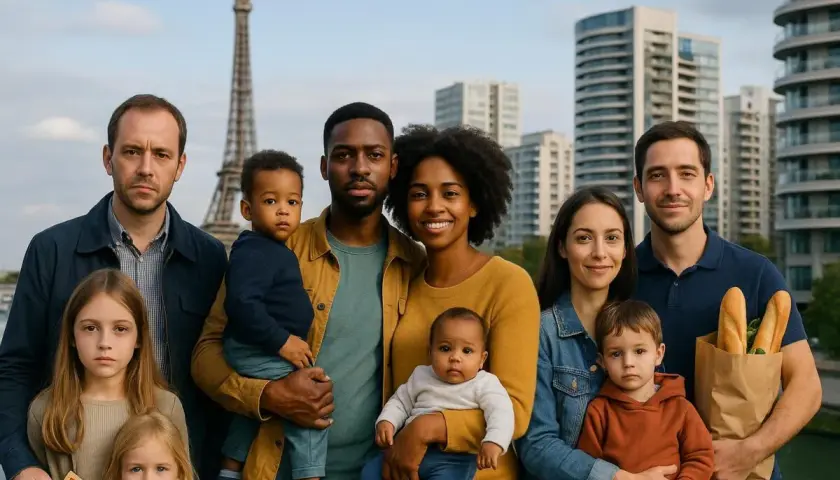 Familles diverses devant la Tour Eiffel, symbolisant la classe moyenne et son salaire, avec des enfants et des courses.