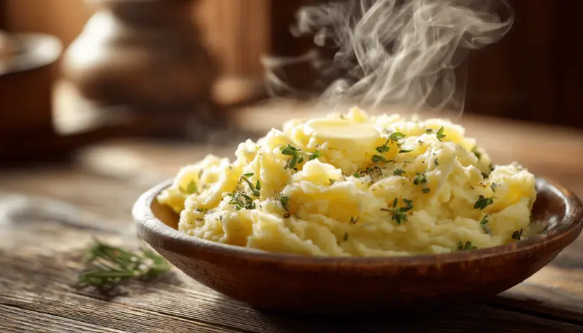 Un plat fumant d'écrase pomme de terre, garni de beurre fondant et d'herbes fraîches, sur une table en bois rustique.