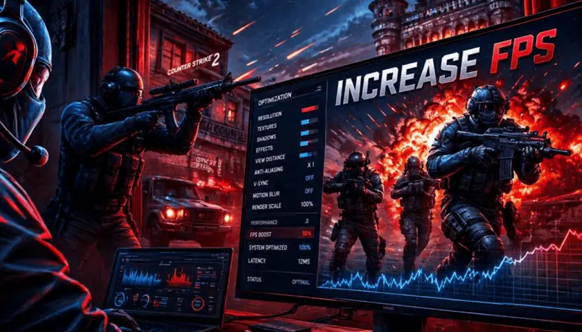 Gracz optymalizuje ustawienia CS2, by zwiększyć FPS. Na ekranie widać menu optymalizacji i grafikę z żołnierzami.