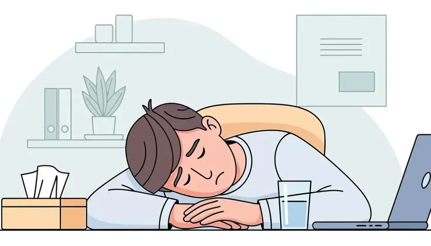Mann mit geschlossenen Augen, der auf seinem Schreibtisch schläft. Ein Taschentuchspender und ein Glas Wasser sind in der Nähe. Dies sind typische Stress Symptome Mann.