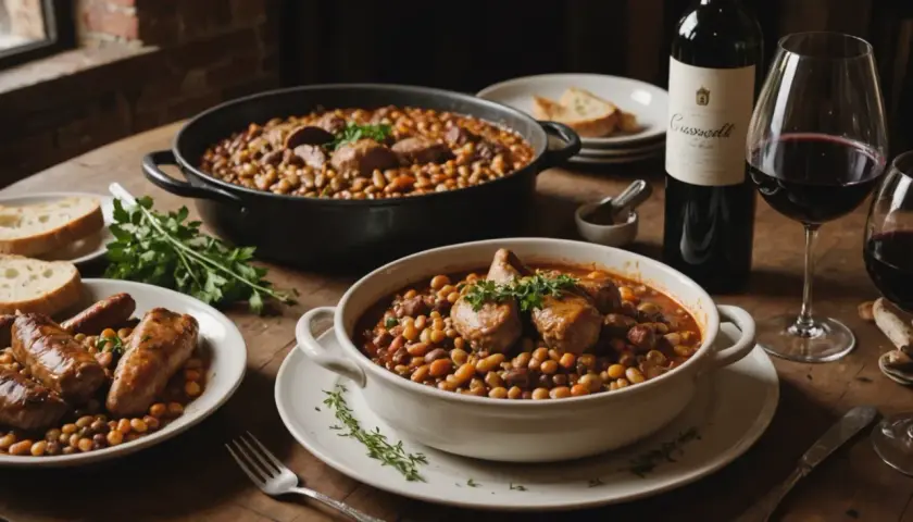 Un réconfortant cassoulet, garni de saucisses et de morceaux de viande, accompagné d'un verre de vin de Bordeaux.