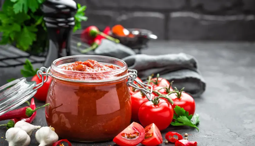 Słoik domowego sosu pomidorowego, świeże pomidory, czosnek i papryczki chili. Idealne dania z pomidorów na każdą okazję.