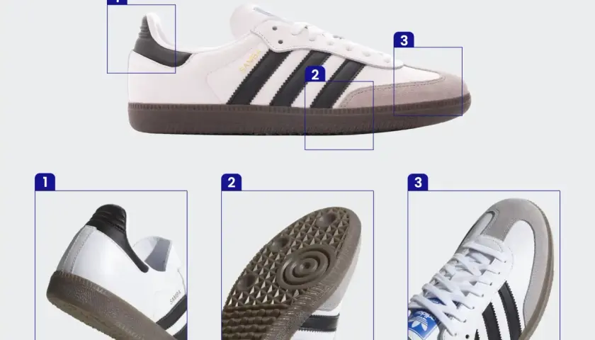 Szczegóły butów Adidas Samba: zapiętek, podeszwa i logo. Dowiedz się, jak sprawdzić, czy buty są oryginalne, zwracając uwagę na detale.
