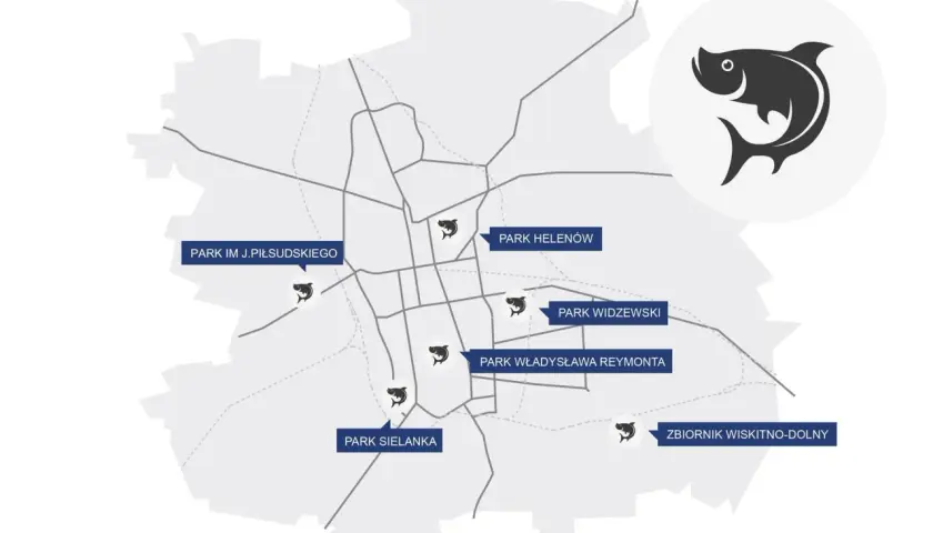 Mapa z zaznaczonymi łowiskami PZW i ikonami ryb.