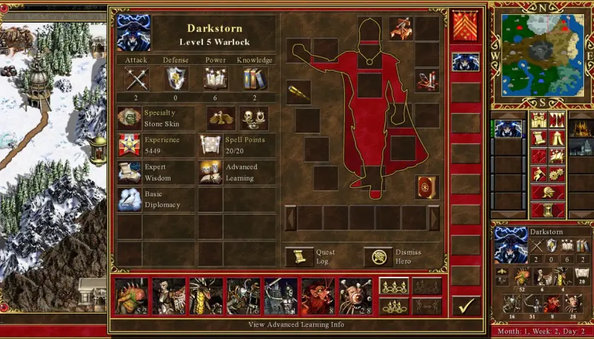 Might and Magic 1: Bohater Darkstorm, poziom 5 Warlock, z atakami, obroną, mocą i wiedzą. Na mapie świata widać zimowy krajobraz.
