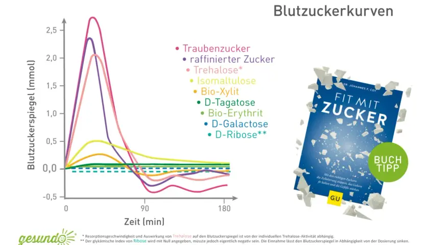 Grafik zeigt Blutzuckerkurven verschiedener Zuckerarten. Braucht der Mensch Zucker? Die Grafik gibt Hinweise auf die Wirkung verschiedener Zucker.