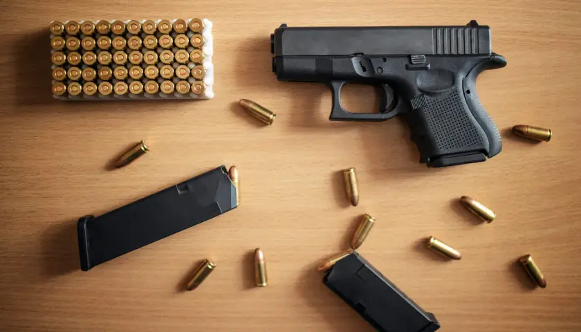Pistolet i magazynki z nabojami, gotowe do użycia. Posiadanie broni palnej bez pozwolenia jest nielegalne.