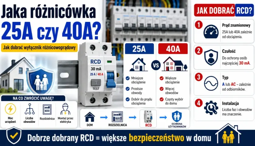 Porównanie bezpieczników 25A i 40A. Wybór wyłącznika różnicowoprądowego (RCD) zależy od obciążenia i instalacji.