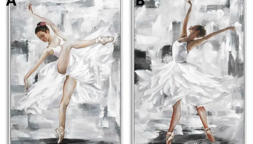Dos cuadros de bailarinas en movimiento, con tutús blancos vaporosos y fondos abstractos en blanco y negro.