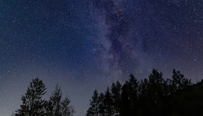 Nocne niebo pełne gwiazd i Drogi Mlecznej nad ciemnym lasem. Idealne miejsce do obserwacji astronomicznych.