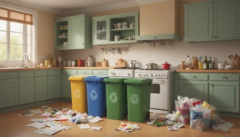 Cztery kosze na śmieci w kuchni, symbolizujące co to recykling, z porozrzucanymi papierami i workami.