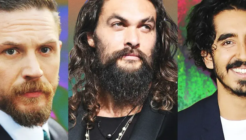 Trzech mężczyzn z różnymi stylami brody: Tom Hardy, Jason Momoa i Dev Patel. Inspiracja do modelowania brody.