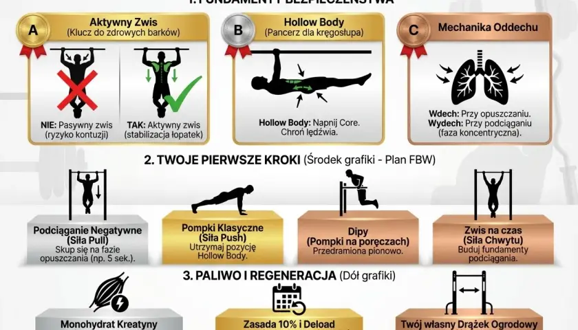 Kalistenika dla początkujących - plan: fundamenty bezpieczeństwa (aktywny zwis, hollow body, oddech), pierwsze kroki (podciąganie negatywne, pompki, dipy, zwis na czas) i regeneracja.
