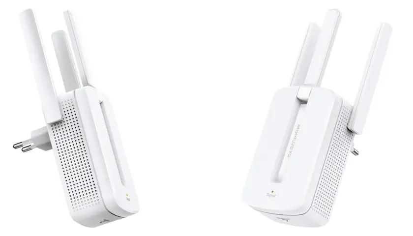 Dwa białe wzmacniacze sygnału Wi-Fi z antenkami. Jeden z wtyczką, drugi z napisem "Signal". To najmocniejszy repeater wifi.
