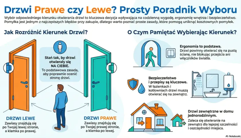 Drzwi lewe czy prawe? Poradnik wyboru kierunku otwierania drzwi. Ilustracja pokazuje, jak rozróżnić drzwi lewe i prawe, z uwzględnieniem ergonomii i bezpieczeństwa.