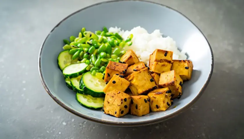 Miseczka z ryżem, zielonym groszkiem, ogórkiem i kostkami aromatycznego, wędzonego tofu.