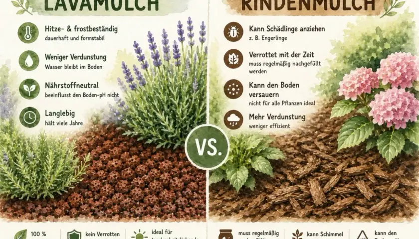 Lavamulch schützt Pflanzen vor Hitze und Frost, hält Wasser im Boden und ist langlebig. Rindenmulch verrottet und muss nachgefüllt werden.