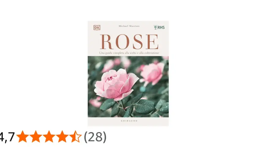 Copertina libro "Rose: una guida completa alla scelta e alla coltivazione". Rosa rosa con gocce d'acqua. Perfetto per chi ama coltivare rose.