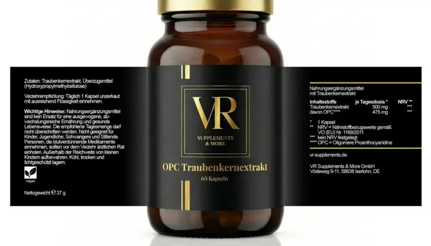 Braune Glasflasche mit VR OPC Traubenkernextrakt Kapseln. Gut für die Unterstützung bei Diabetes.