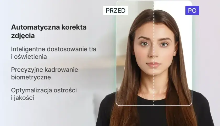 Aplikacja do zdjęć do dowodu automatycznie poprawia tło, oświetlenie i kadrowanie, zapewniając idealny portret biometryczny.