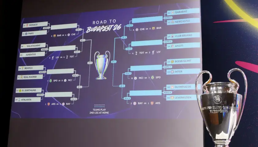 Liga mistrzów drabinka do Budapesztu 26. Widoczny puchar i ścieżki do finału z nazwami drużyn.