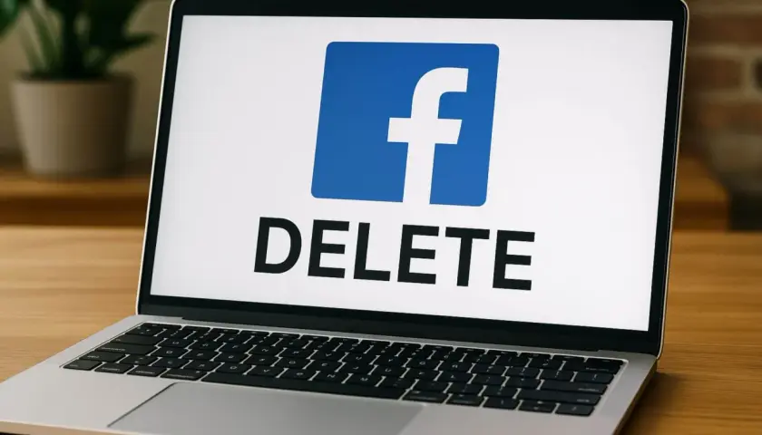 Laptop z logo Facebook i napisem "DELETE". Chcesz wiedzieć, jak usunąć konto na FB? Ten obrazek sugeruje, że to możliwe.