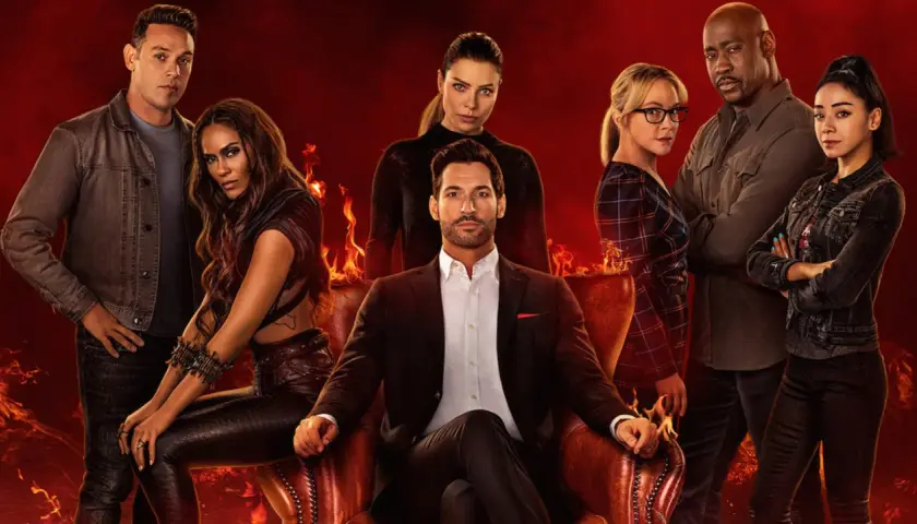 Le casting des épisodes de Lucifer, avec Lucifer Morningstar au centre, entouré de ses acolytes sur fond de flammes infernales.