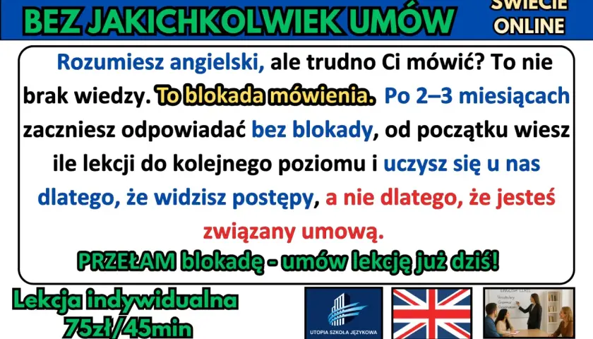 Chcesz wiedzieć, jak nauczyć się mówić po angielsku bez blokady? Szkoła Utopia oferuje lekcje indywidualne online, bez długoterminowych umów. Przełam barierę mówienia!
