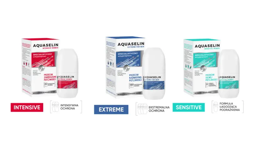 Trzy antyperspiranty Aquaselin: Intensive dla kobiet, Extreme dla mężczyzn i Sensitive dla kobiet, każdy z unikalną formułą.