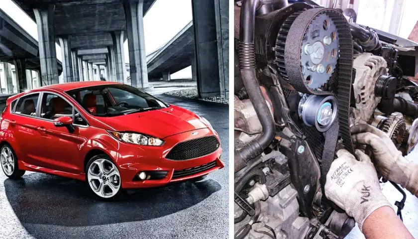 Röd Ford Focus 1.0 EcoBoost. Bilden visar kamremmen som byts ut. Ford Focus 1.0 ecoboost kamremsbyte pris.