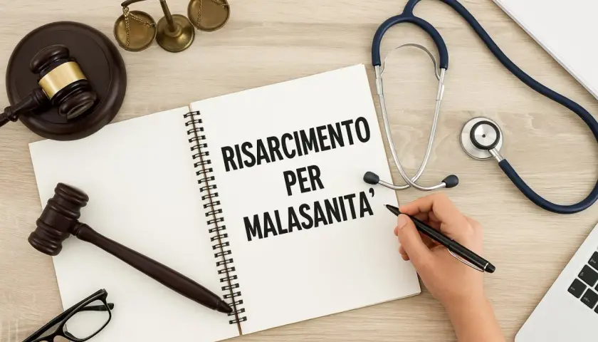 Bilancia della giustizia, martelletto e stetoscopio su un tavolo. Un quaderno aperto mostra "RISARCIMENTO PER MALASANITA'", evocando il decreto Balduzzi.