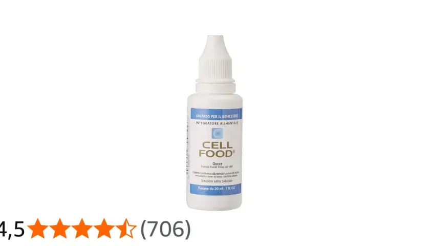 Flacone di Cell Food, integratore alimentare in gocce. Le opinioni mediche sul prodotto sono positive, evidenziando il suo supporto al benessere.
