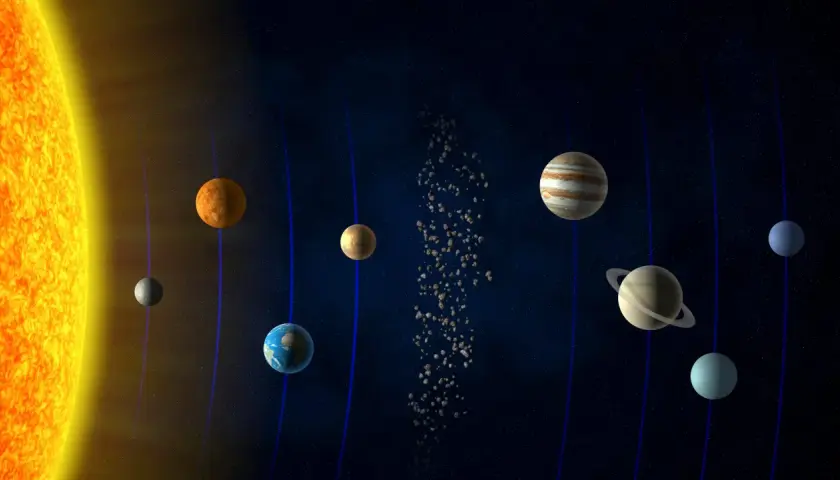 Ilustracja Układu Słonecznego z Słońcem i planetami na tle gwiazd.