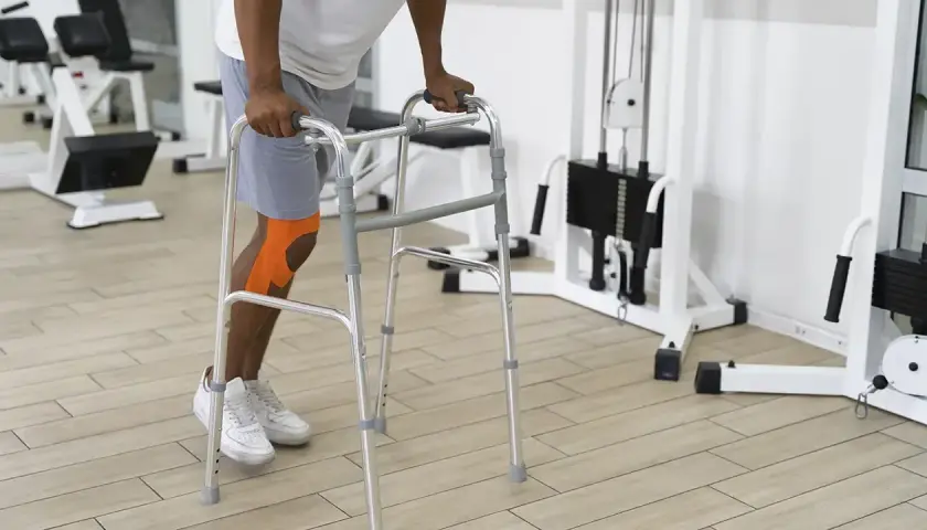 Mężczyzna z pomarańczową taśmą na kolanie ćwiczy z chodzikiem. Różne rodzaje sprzętu ortopedycznego pomagają w rehabilitacji.