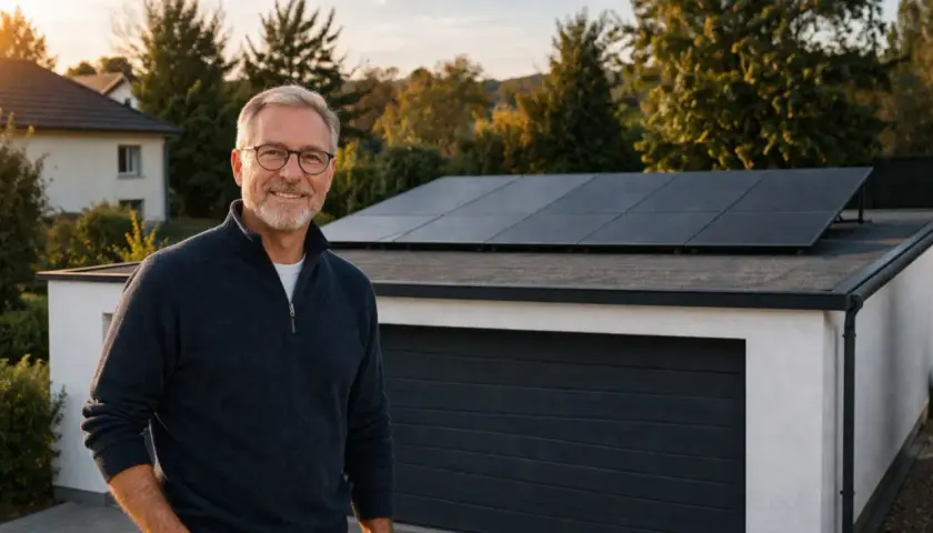 Mann vor Garage mit Solarmodulen. Ein Balkonkraftwerk, wie von der Bundesnetzagentur genehmigt, liefert saubere Energie.