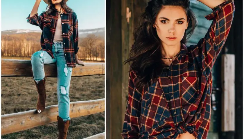 Dziewczyna w kapeluszu i kraciastej koszuli, styl country. Wygodne jeansy i kowbojki dopełniają look.