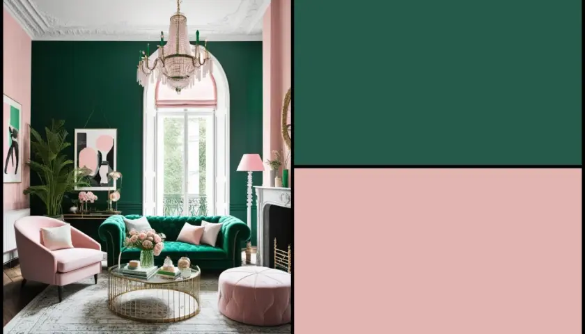 Elegante salón con sofá verde esmeralda, sillón rosa y detalles dorados. Los colores que combinan con verde esmeralda, como el rosa pálido, crean un ambiente sofisticado.