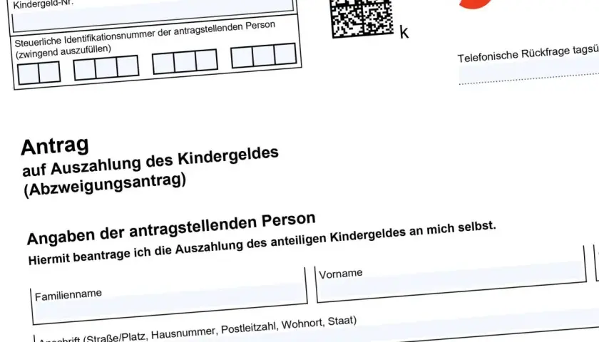 Antrag auf Auszahlung des Kindergeldes. Formular für den Abzweigungsantrag, relevant für den kinderfreibetrag 0, 5 oder 1.