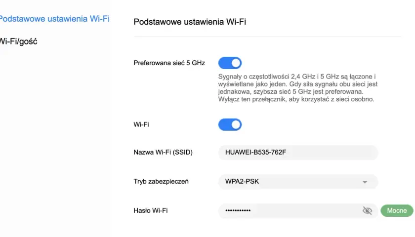 Ustawienia Wi-Fi: nazwa sieci HUAWEI-B535-762F, zabezpieczenia WPA2-PSK. Dowiedz się, jak wejść na stronę routera, by je zmienić.