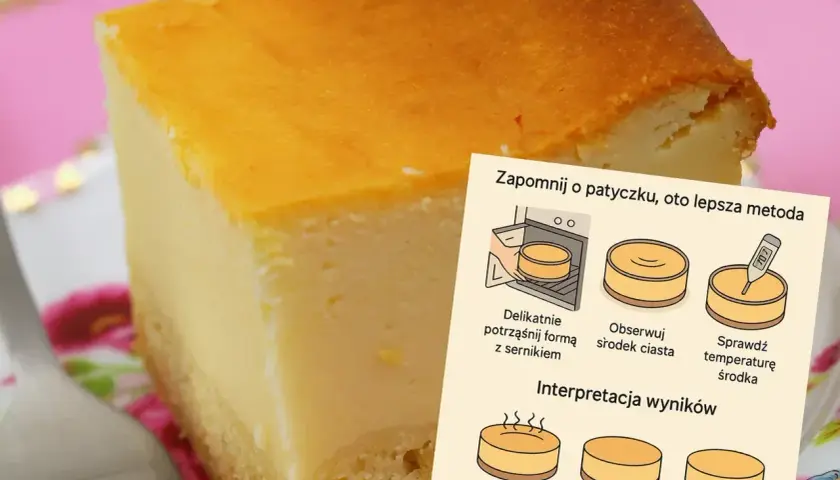 Pyszny sernik na talerzu, obok instrukcja jak sprawdzić jego gotowość. Idealny sernik kcal!