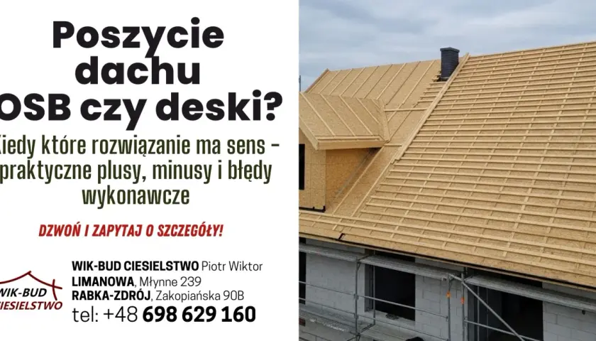 Budowa dachu z deskowaniem OSB i łaceniem. Rozważasz poszycie dachu? Zapytaj o szczegóły!