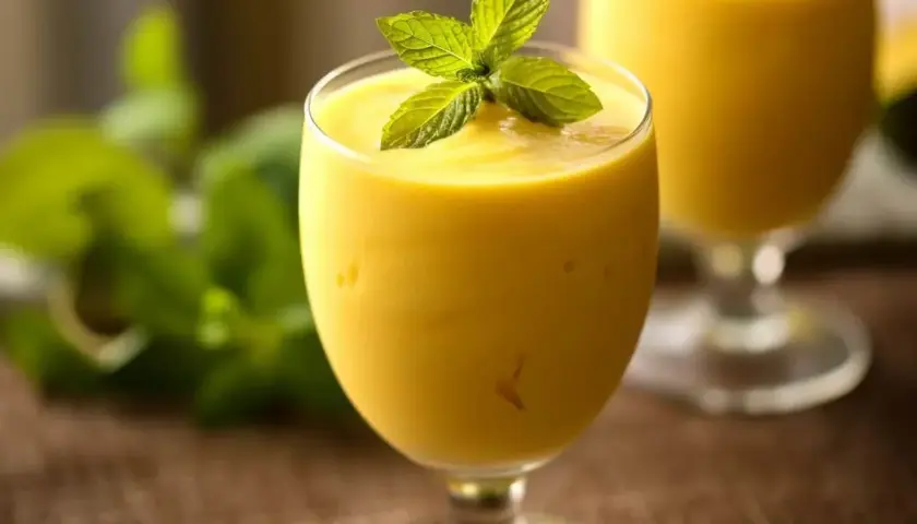 Orzeźwiający koktajl z mango, udekorowany listkami mięty, w szklance na nóżce. W tle drugi taki sam napój.