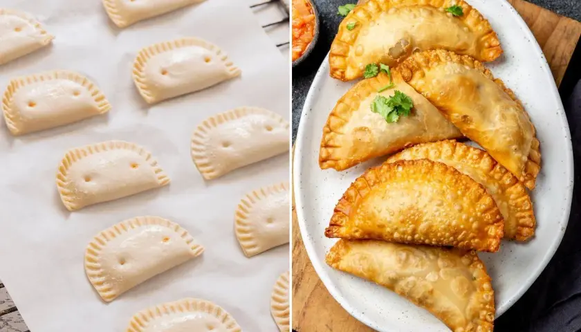 Masa de empanadillas de la abuela cruda y lista para hornear, junto a unas doradas y crujientes ya preparadas.