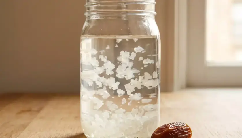 Ein Glas mit Wasserkefir-Kulturen und einer Dattel. Perfekt für ein wasserkefir rezept ohne zucker.