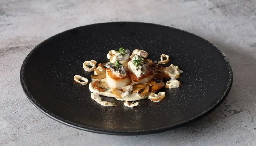 Coquilles Saint-Jacques aux morilles et leur sauce crémeuse au vin blanc, garnies de thym frais. Un délice visuel et gustatif.