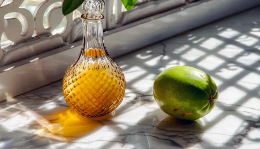 Bouteille de rhum arrangé mangue, à côté d'un fruit vert sur un marbre lumineux.