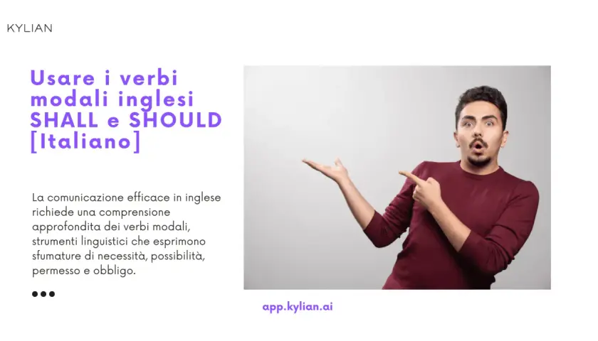 Uomo sorpreso indica "Usare i verbi modali inglesi SHALL e SHOULD [Italiano]". Scopri quando si usa shall.