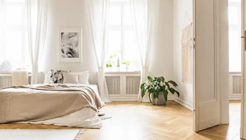 Sypialnia z łóżkiem w kolorze cappuccino, idealnie komponującym się z jasnymi zasłonami, drewnianą podłogą i zieloną rośliną.