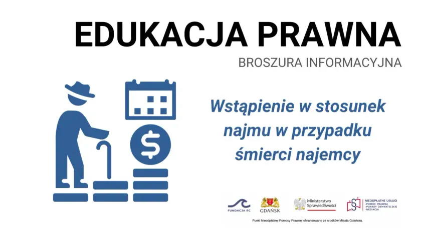 Ilustracja przedstawia starszą osobę z laską, kalendarz i symbol dolara, symbolizujące uzyskanie tytułu prawnego do lokalu po śmierci głównego najemcy.