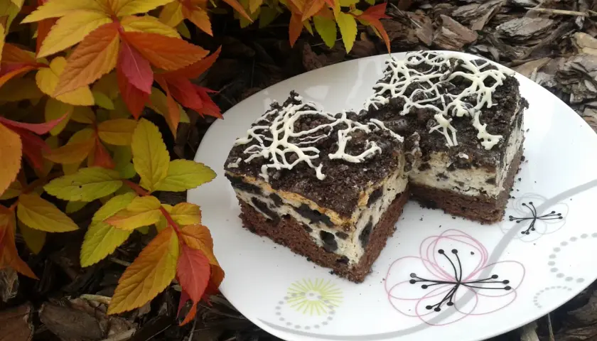 Dwa kawałki pysznego, pieczonego sernika Oreo z kremową masą i kawałkami ciastek, udekorowane białą czekoladą.
